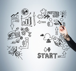 A hand is constructing a business development model on the glass screen. A concept of the start up...