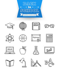 Fototapeta premium Set of back to school and education outline icons. Open book