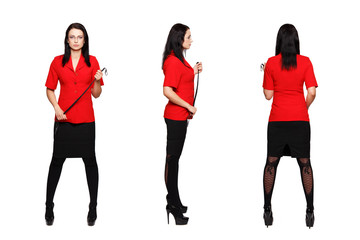 Sexy dominatrix woman in red suit 3 side view