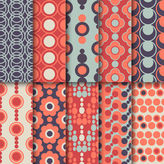 Set of seamless colorful retro patterns with circles. Geometric