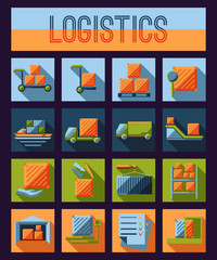 Set of logistics and delivery systems flat icons with shipment