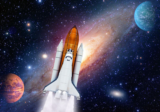 Outer space shuttle rocket launch spaceship universe planet stars. Elements of this image furnished by NASA.