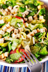 Green salad with tomatos and croutons