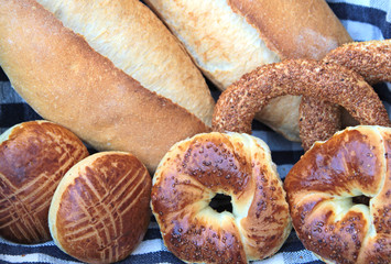 Turkish Breda and bagels.( Simit, acma, ekmek and pogaca)