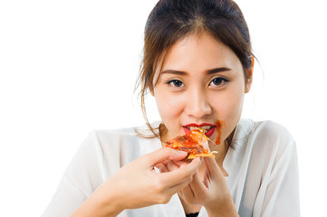 Young woman eat pizza