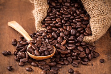 coffee bean on the wood table with spoon and sack
