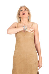 Beautiful woman doing different expressions in different sets of clothes: heart attack