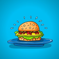 Big hamburger with cheese, sauce, two burgers, lettuce, lying on big blue plate on a blue background