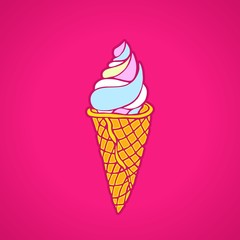 Bright soft ice cream in a waffle cone on a pink background.
