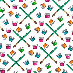 The color pattern of a set of colored paints and brushes for painting. Cans of paint. Brush