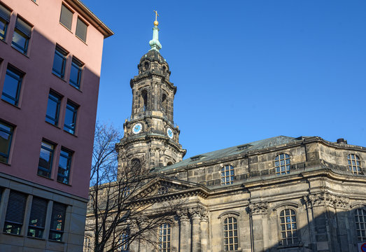 Exterior of Kreuzkirche Church in Dresden, Saxony, Germany.