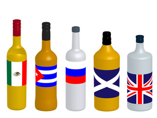 Different Kinds of Spirits Bottles with Flags 3D version 1