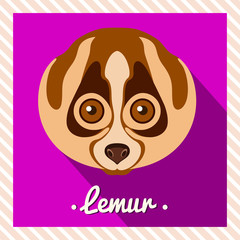 Vector portrait of a  lemur. Symmetrical portraits of animals. Vector Illustration, greeting card, poster. Icon. Animal face. Font inscription. Image of a lemur face.
