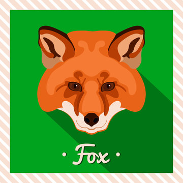 Vector portrait of a  red fox. Symmetrical portraits of animals. Vector Illustration, greeting card, poster. Icon. Animal face. Font inscription. Image of a red fox's face.

