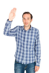 Naklejka premium Handsome man doing different expressions in different sets of clothes: want to speak