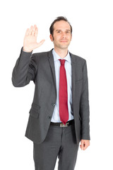 Handsome businessman doing different expressions in different sets of clothes: waving