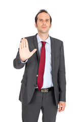 Handsome businessman doing different expressions in different sets of clothes: stop sign