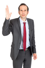 Handsome businessman doing different expressions in different sets of clothes: be careful