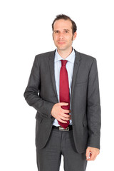 Handsome businessman doing different expressions in different sets of clothes: hungry