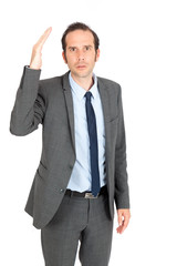 Handsome businessman doing different expressions in different sets of clothes: be careful