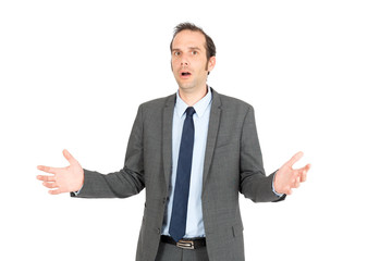 Handsome businessman doing different expressions in different sets of clothes: bad news