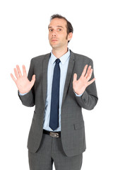 Handsome businessman doing different expressions in different sets of clothes: innocent