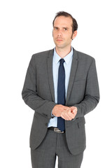 Handsome businessman doing different expressions in different sets of clothes: tired