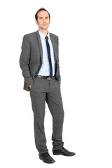 Handsome businessman doing different expressions in different sets of clothes: standing up