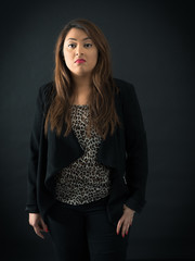 Beautiful woman doing different expressions in different sets of clothes: bored