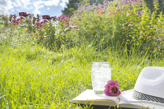 Sunhat, book and glass  lying on a lush green garden