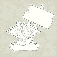 Cartoon Character Racoon with wooden poster Isolated on Plain