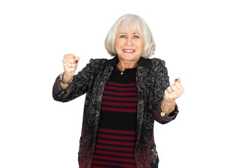 Obraz premium Beautiful woman doing different expressions in different sets of clothes: arms raised