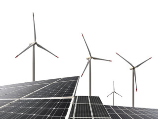 Solar energy panels with wind turbines on white background