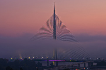 Fototapeta na wymiar Cable bridge in fog at autumn morning, Belgrade, Serbia