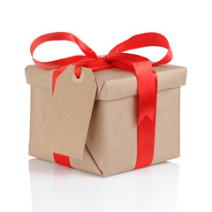 present box from brown papaer with red ribbon bow