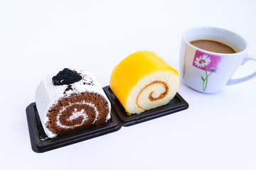 Cake chocolate and coffee on white background.