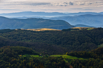 Naklejka premium Landscape of mount Bobija, hills, meadows and colorful forests