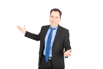 Handsome businessman doing different expressions in different sets of clothes, welcoming