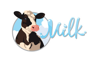 Label with the image of a cow and the words milk
