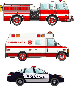 Fire truck, police and ambulance cars isolated on white