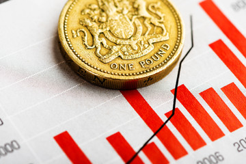 One pound coin on fluctuating graph. Rate of the pound sterling