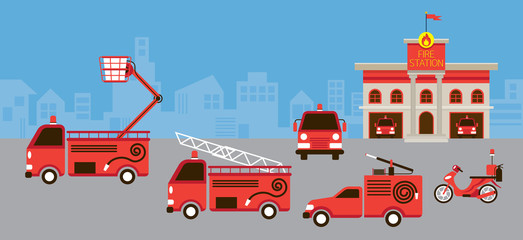 Fototapeta premium Fire Station and Vehicle, Emergency, Fire and Equipment panorama