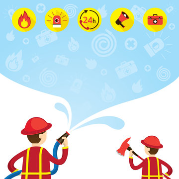 Firefighter carry Hose Flushing Water with Icons and Background, 
