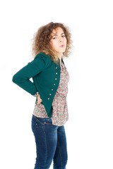 Beautiful Hispanic woman doing different expressions in different sets of clothes: backache