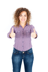 Beautiful Hispanic woman doing different expressions in different sets of clothes: thumbs up