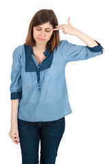 Beautiful woman doing different expressions in different sets of clothes: suicide