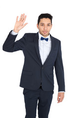 Handsome man doing different expressions in different sets of clothes: waving