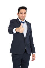 Handsome man doing different expressions in different sets of clothes: thumbs up