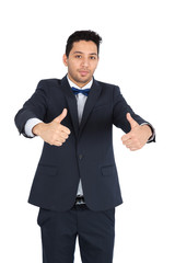 Handsome man doing different expressions in different sets of clothes: thumbs up