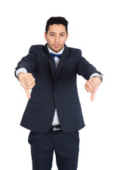 Handsome man doing different expressions in different sets of clothes: thumbs down